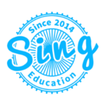 The image displays the logo for Sing Education, featuring stylized text that reads "Sing" in the center with "Education" below it. The logo is encircled by a decorative border with the phrase "Since 2014" at the top, indicating the year the organization was established. The design is predominantly in a bright blue color, giving it a vibrant and energetic feel.