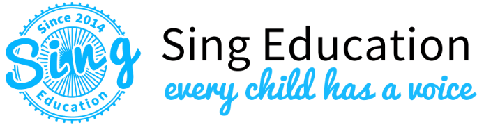 The image displays the logo of Sing Education, featuring stylized text that reads "Sing" with a circular emblem indicating "Since 2014," followed by the words "Sing Education" in a bold, sans-serif font, and the tagline "every child has a voice" beneath it, all in a harmonious blue color palette.