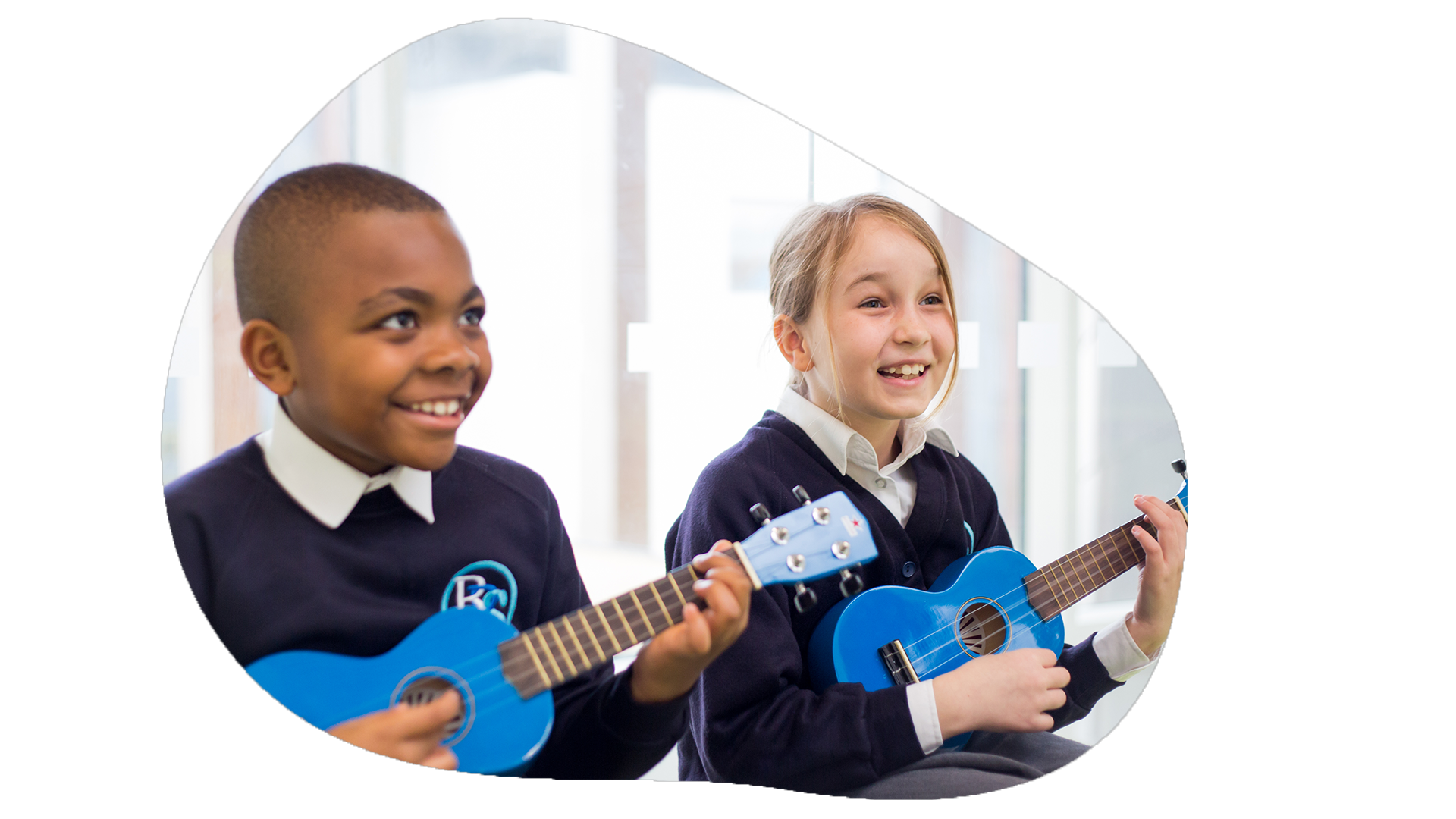 a girl and a boy are learning to play the ukulele