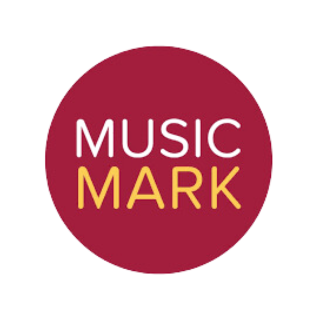 The image displays the logo for Music Mark, which consists of a circular maroon background with the words "MUSIC MARK" in bold, capitalized, yellow font. The design is simple and clear, with a modern aesthetic that likely represents an organization related to music education or advocacy.