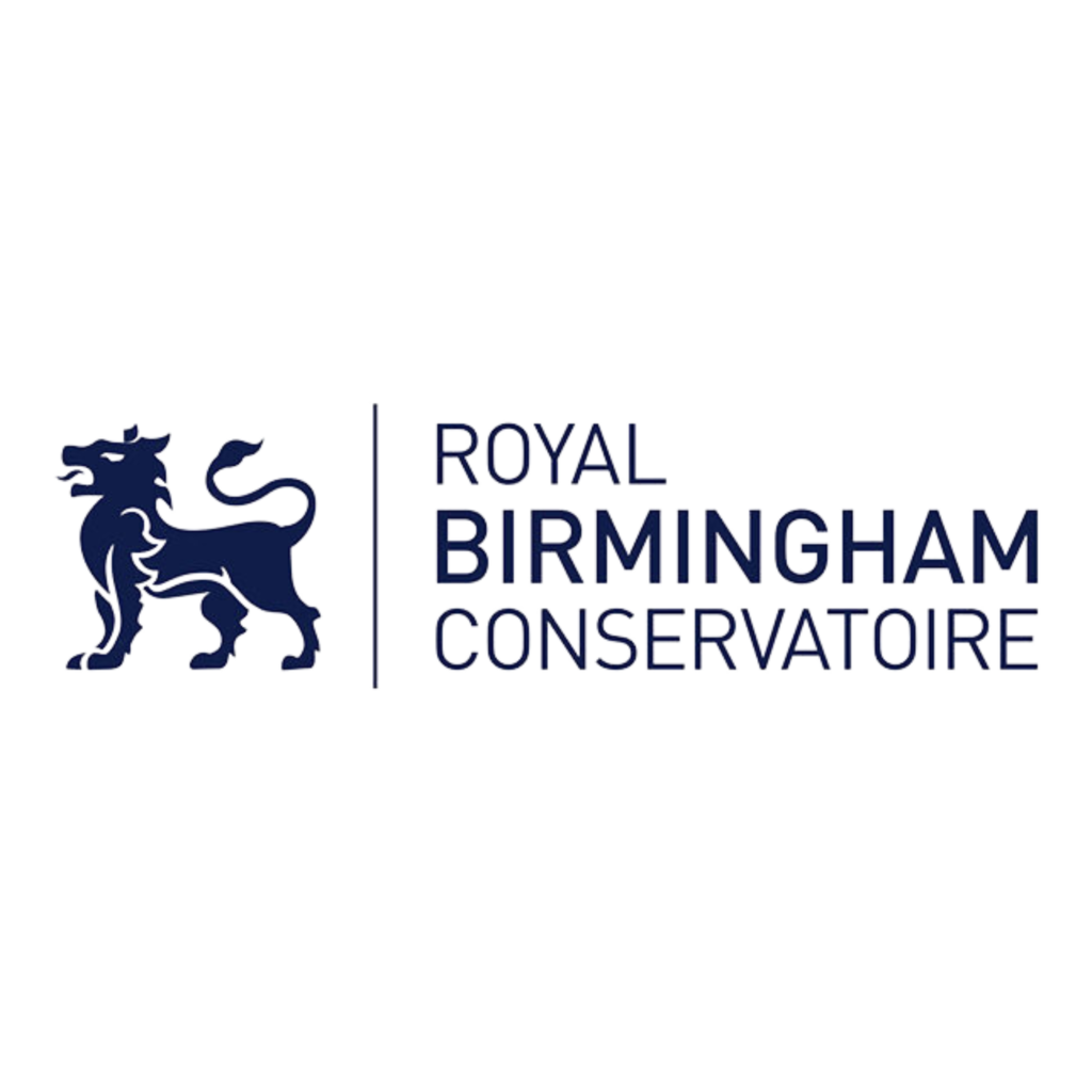 The image displays the logo of the Royal Birmingham Conservatoire, featuring a stylized blue heraldic lion on the left and the name of the institution in capital letters on the right, all set against a black background.