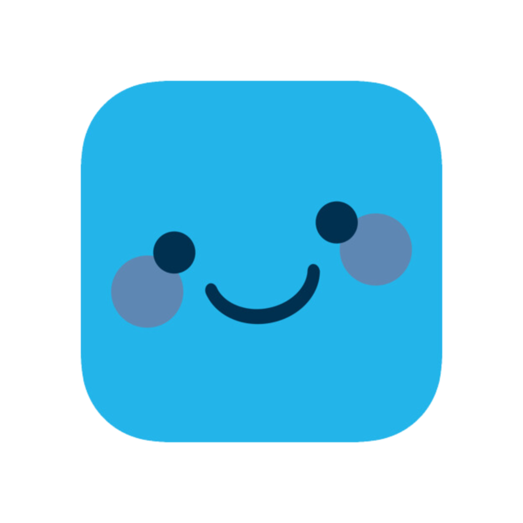 The image shows a simple, friendly cartoon face on a blue square background. The face consists of two large, dark-circled eyes with highlights and a curved, smiling mouth, creating a cheerful and inviting expression.