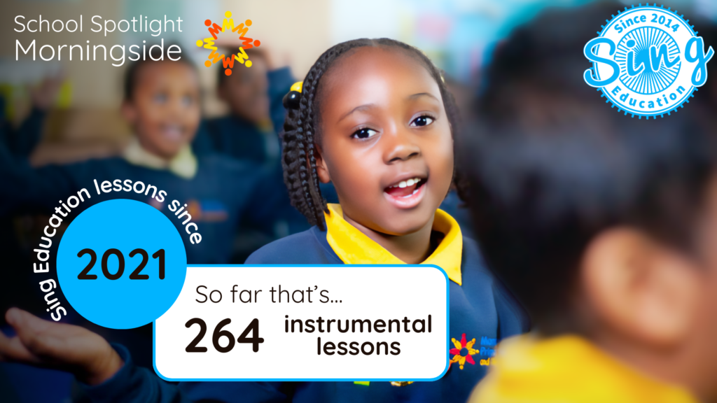 A young student with a bright smile is featured prominently in the foreground, wearing a yellow and blue school uniform. In the background, other students are slightly out of focus, suggesting a lively classroom environment. Overlaying the image are graphics and text celebrating "School Spotlight Morningside," highlighting "264 instrumental lessons" provided by Sing Education since 2021, emphasizing the organization's commitment to enriching students' lives through music education.