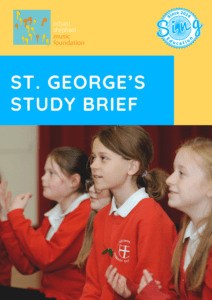 An young smiling student is featured wearing a school uniform with a white polo shirt and a red jumper. In the blurred background, classmates can be seen singing and clapping their hands, suggesting a lively music lesson. Overlaying the image is the bold logo of Sing Education and the RIchard Shepherd Music Foundation and the text "St George's Study Brief". The colourful design conveys a sense of vibrancy and celebration of the school's partnership with Sing Education.