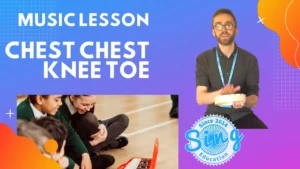 The image shows a Youtube video thumbnail with a teacher tapping a tambourine and children playing the glockenspiel. The title of the video is "Music Lesson: Chest Chest Knee Toe"